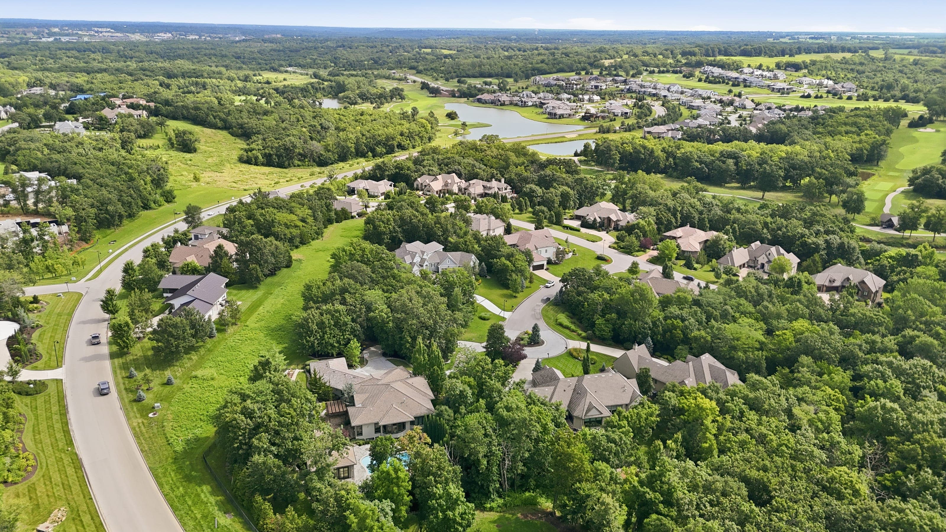 Aerial view over a Kansas City golf course neighbourhood