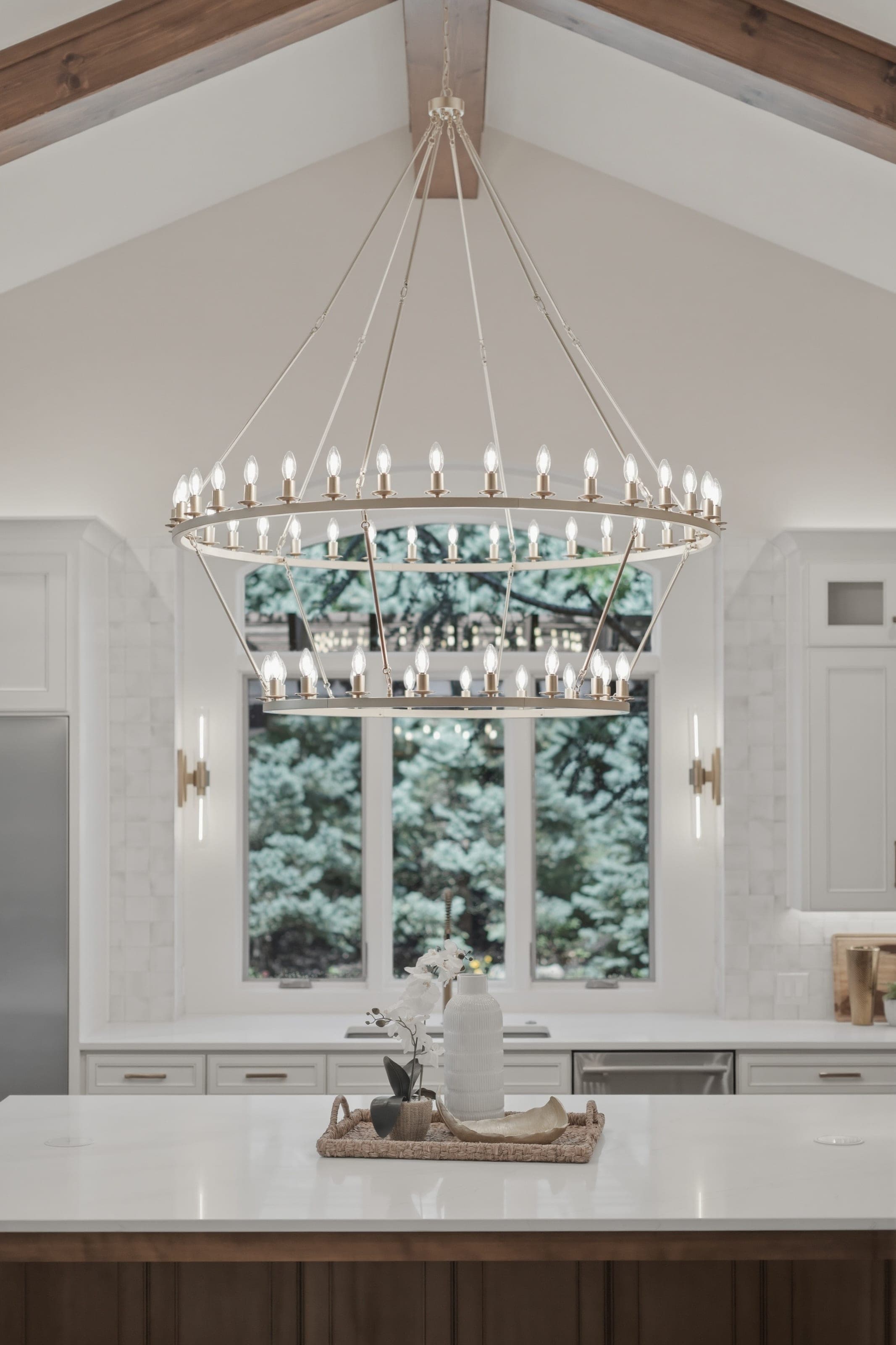 Vaulted kitchen with a two-tier ring chandelier