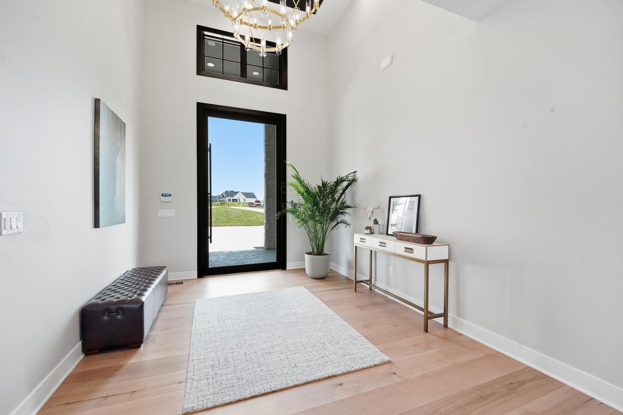 Entry hall with a black-framed glass front door and oak floors