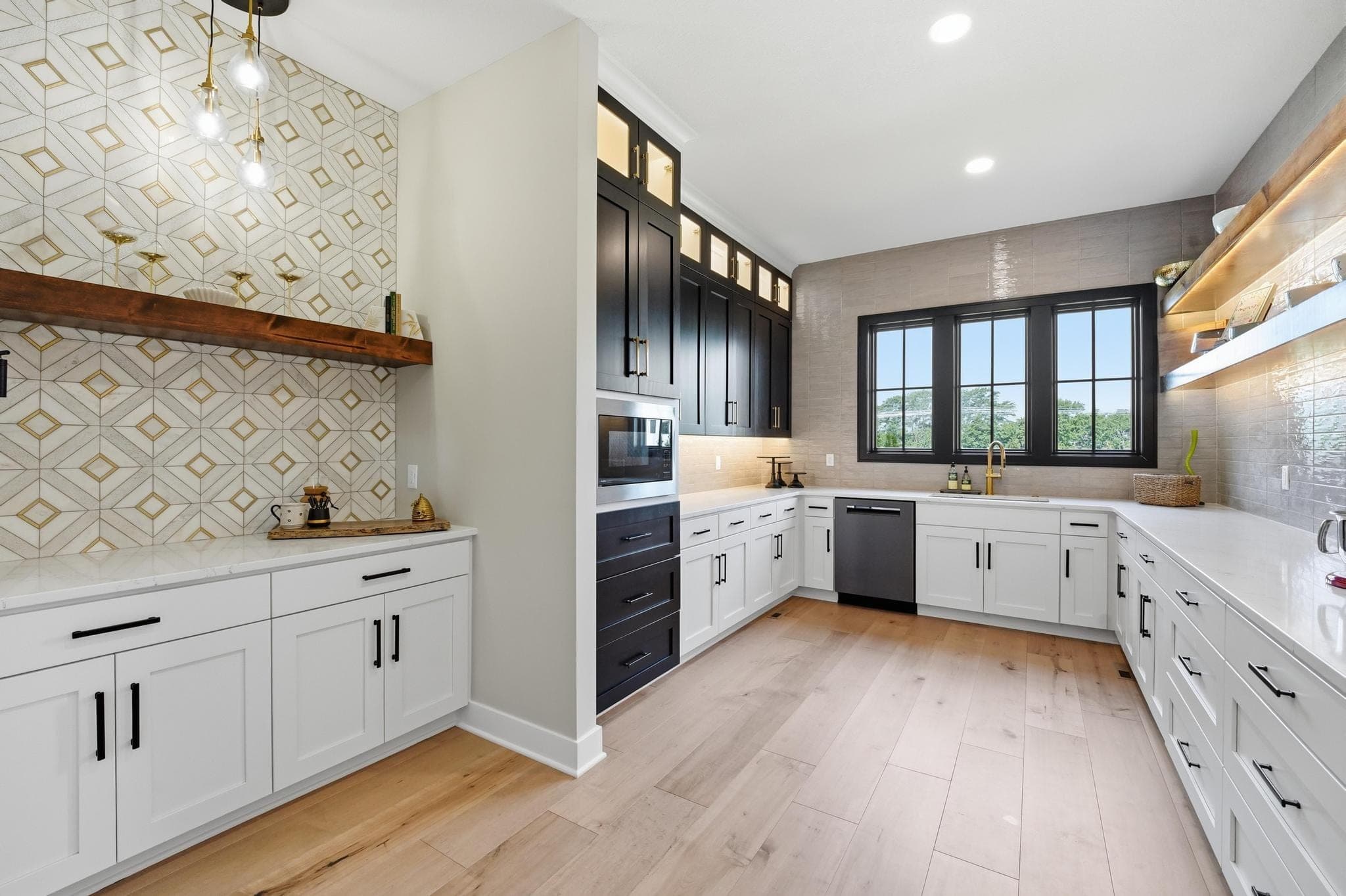 Butler's pantry with patterned tile and open wood shelving
