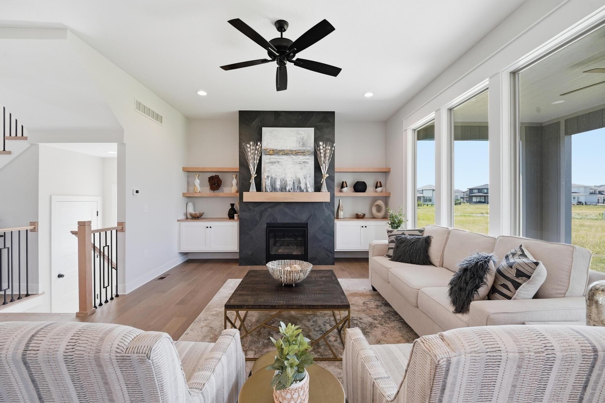 Living room with a wall of windows